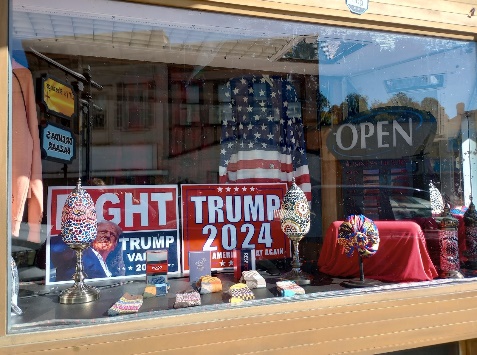 Storefront window displaying Trump 2024 campaign signs among decorative lamps